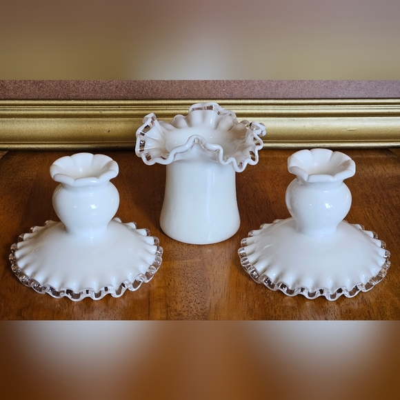 Fenton Silver Crest Milk Glass Top Hat & 2 Candlesticks With Ruffled Edges